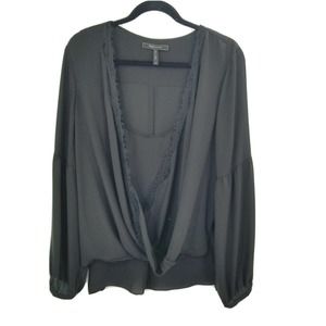 BCBGMaxazira black faux wrap blouse womens size XL long sleeve shell lace trim